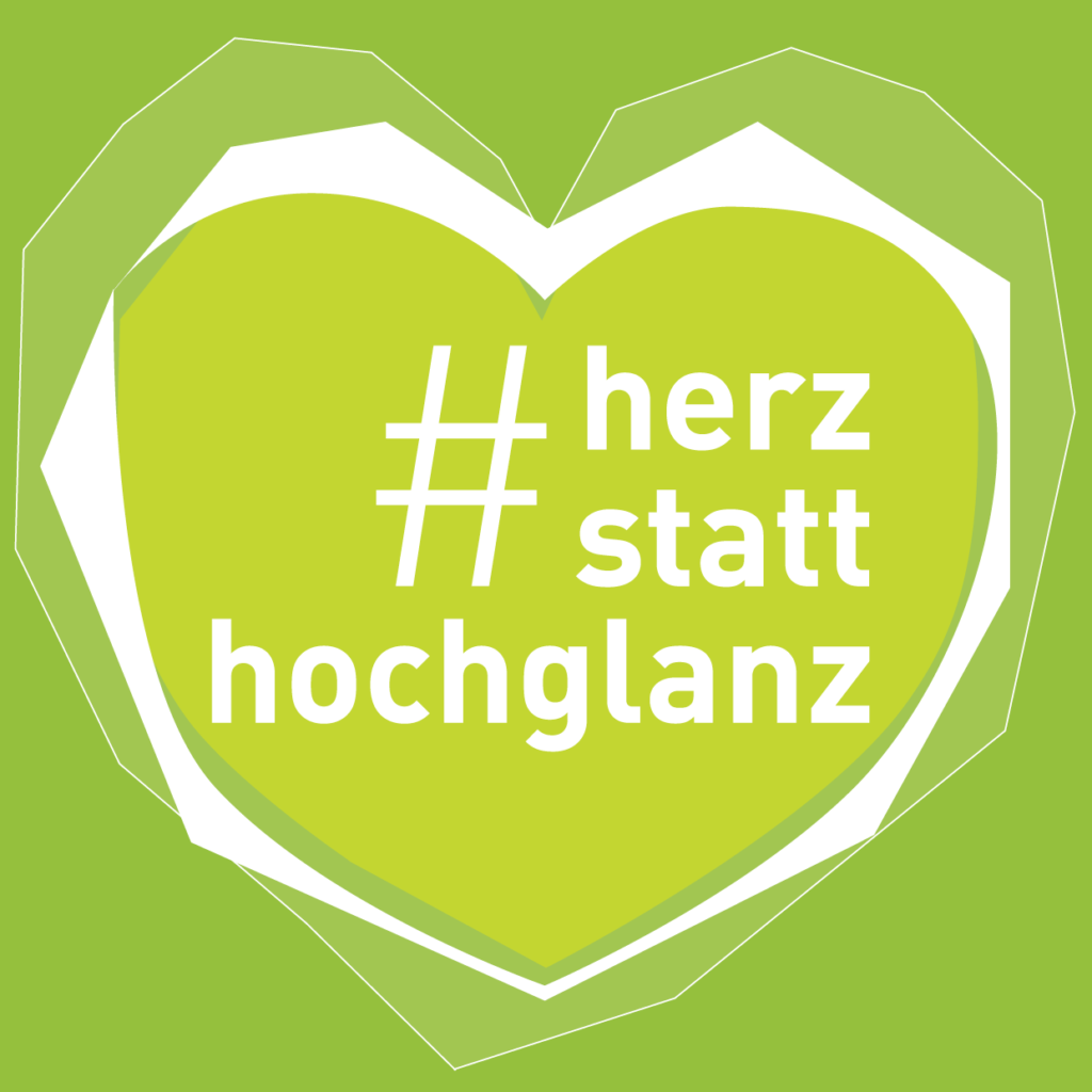 Logo: hellgrünes Herz, in dem in weiß #herzstatthochglanz steht, auf einem dunkelgrünen Hintergrund